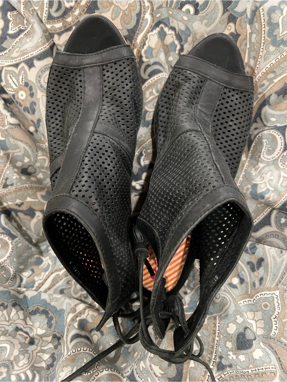 80%20 Black Perforated Lace-Up Peep-Toe wedges
